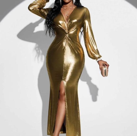 (Out of stock) Gold Plunge Twisted Slit Midi Dress - Picture 6 of 7